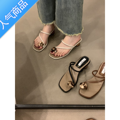 SUNTEK高跟凉鞋女粗跟一字凉拖鞋2023新款夏季网红亮片夹趾懒人中跟拖鞋