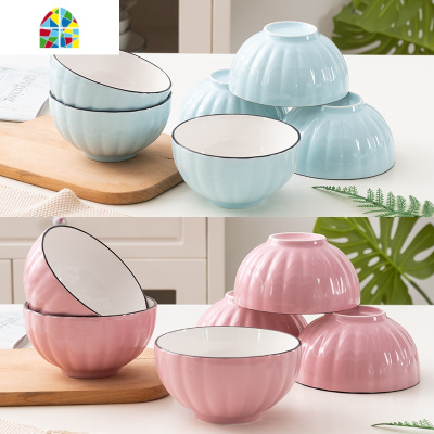 陶瓷碗套装日式釉下彩家用米饭碗吃饭碗10只装纯色简约个性汤碗 FENGHOU 5英寸南瓜碗蓝色10个装