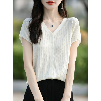 天丝针织短袖开衫女夏新款V领连肩小飞袖莱赛尔T恤外搭宽松上衣