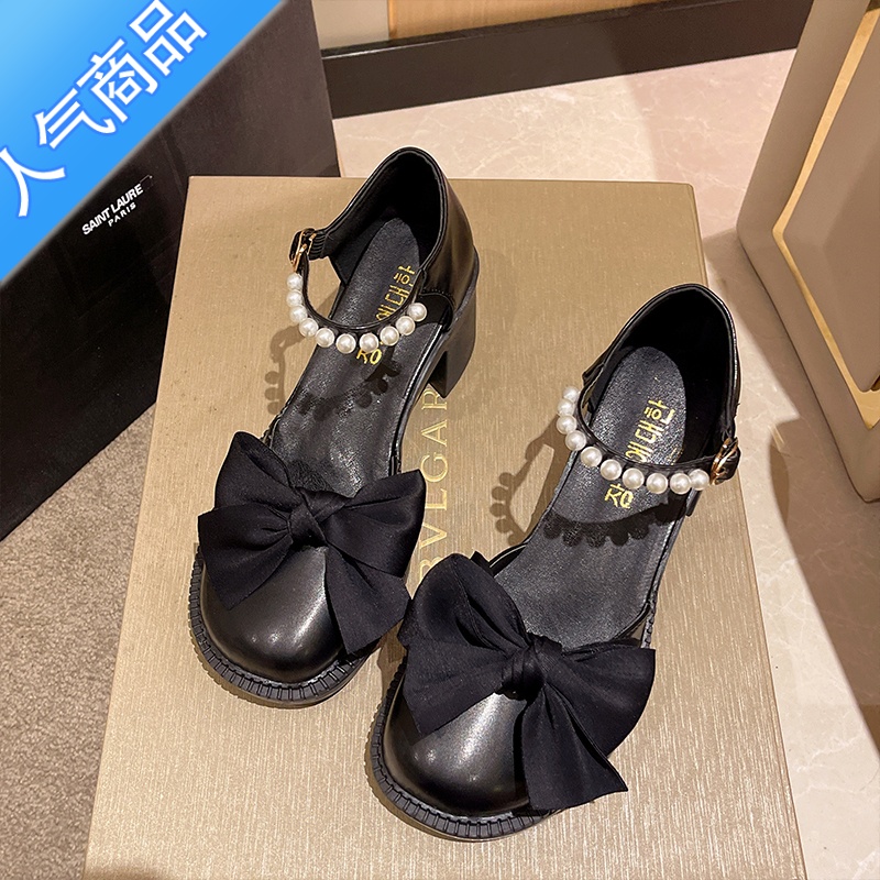 SUNTEK玛丽珍鞋女2023年法式新款英伦风高跟蝴蝶结珍珠夏季粗跟小皮鞋夏