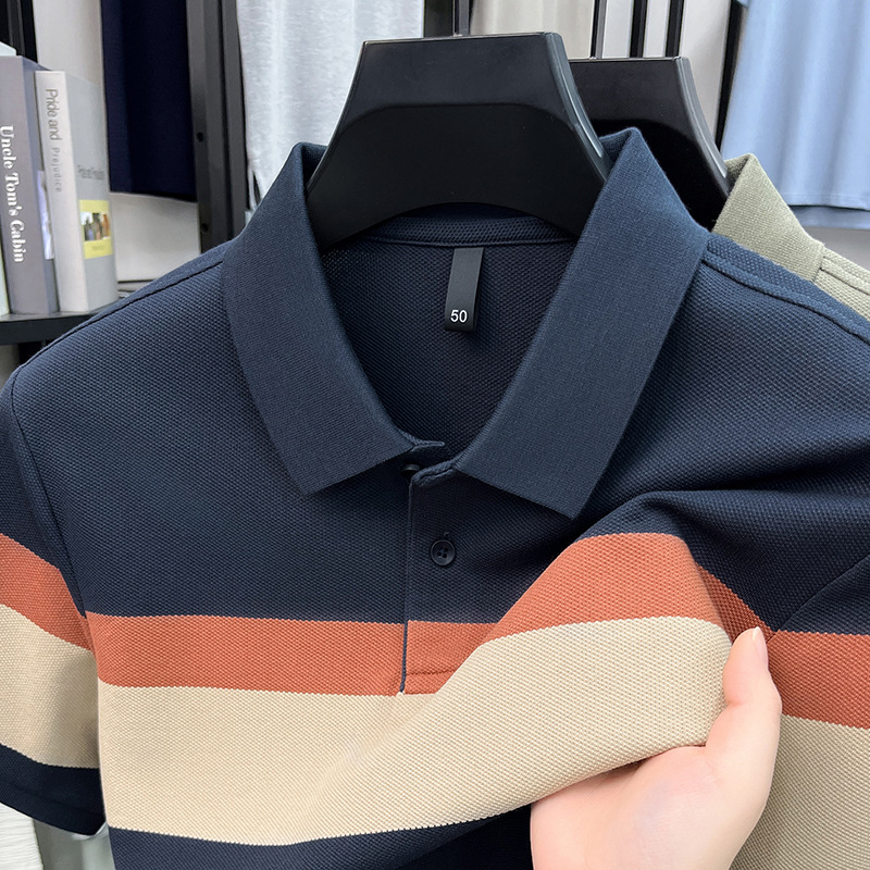 春夏新款条纹翻领男士青年休闲简约轻薄舒适透气时尚短袖T恤