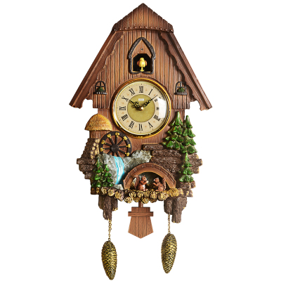 汉时（Hense)创意布谷鸟挂钟欧式复古客厅时钟咕咕钟HP33棕色20英寸