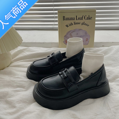 SUNTEKTM时尚百搭2021新款厚底小皮鞋春秋季英伦一脚蹬乐福鞋女单鞋