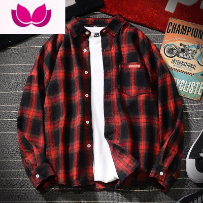 七斓ins格子衬衫外套男士长袖韩版潮流宽松港风衬现在学生情侣装衬衣