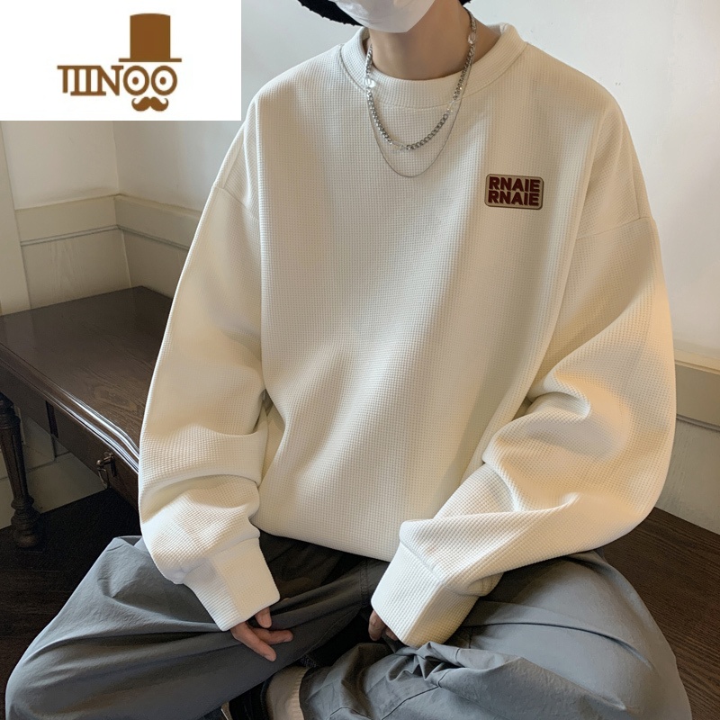 YANXU华夫格卫衣男春季宽松休闲圆领长袖t恤青少年内搭打底衫