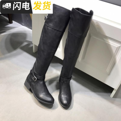 ！朋克及膝长靴女高筒机车靴冬款皮带扣拉链中跟粗跟大码女靴