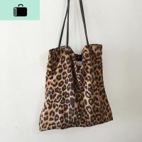 韩版绒布豹纹购物袋大容量休闲百搭单肩包复古印花帆布袋托特包NEW LAKE 咖啡女士单肩包