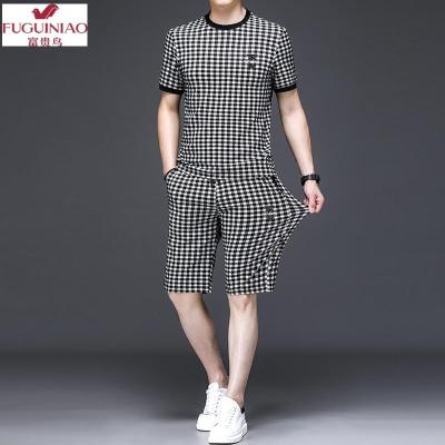 富贵鸟（FUGUINIAO）2021夏季新款男士圆领高品质短袖短款休闲套装运动两件套