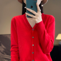 针织衫V领开衫女春秋新款毛衣外套安迪绒纯色短款外搭上衣
