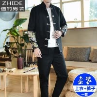 SUNTEK中国风夹克男青年春秋大码立领盘扣唐装男士中山装汉服中式外套装夹克