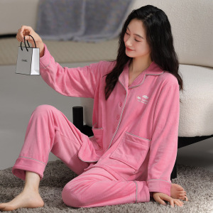 珊瑚绒睡衣女秋冬加厚开衫薄绒法兰绒春秋薄款可外穿海岛绒家居服
