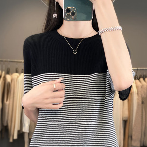 年夏季新款复古撞色条纹针织衫圆领T恤女薄款宽松上衣打底衫
