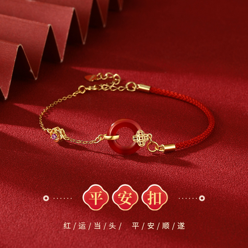 S999纯银五帝钱平安扣手链中国结红玛瑙复古新年圆形手绳手饰批发
