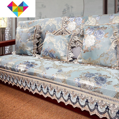 新中式沙发垫套罩四季通用布艺欧式冬季防滑123组合客厅实木盖巾花影流年-蓝色90*80尖角靠背巾御蓝锦