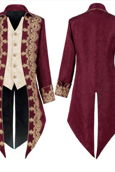 HD 中世纪宫廷燕尾服长款刺绣连体马甲外套舞台剧cos伯爵大码演出服 红色M