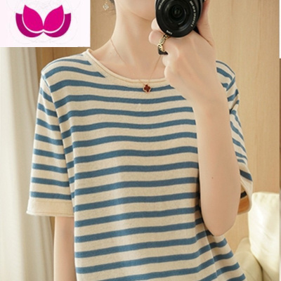 七斓2022夏洋气条纹短袖T恤女宽松圆领背心针织棉麻bf风半袖