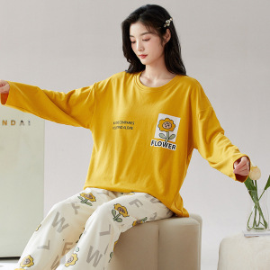 带胸垫纯棉睡衣女士秋冬季全棉长袖大码卡通可爱可外穿家居服套装