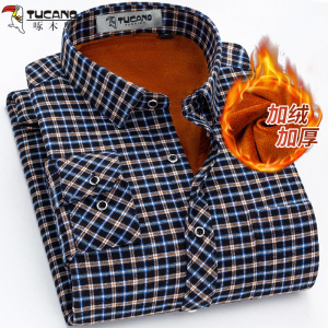 啄木鸟保暖加绒衬衫男格子冬季新款中老年男士加厚休闲爸爸装衬衣