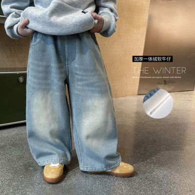 童酷男童冬季新款韩版砂洗磨白宝宝休闲裤加绒保暖儿童牛仔裤