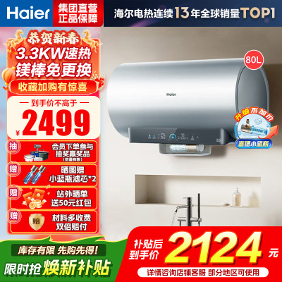 海尔(Haier)[小蓝瓶净肤洗DR7]麦浪系列富锶矿泉浴热水器电热水器一级能效变频速热全瓷内胆免清洗 80L