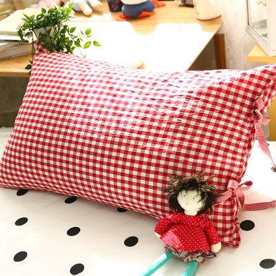 日式红色简约绑带格子色织水洗棉枕套纯棉条纹枕套全棉一对拍2红色格子绑带水洗棉枕套48cmX74cm
