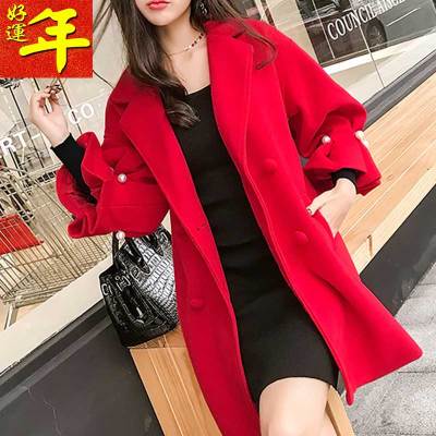 FISHBASKET本命年红色女装时尚外套冬季韩版新娘结婚衣服150小个子呢子大衣毛呢外套