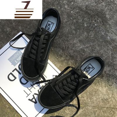 尗卡全黑色帆布鞋女韩版厚底原宿风ulzzang百搭街拍小黑鞋ins情侣板鞋