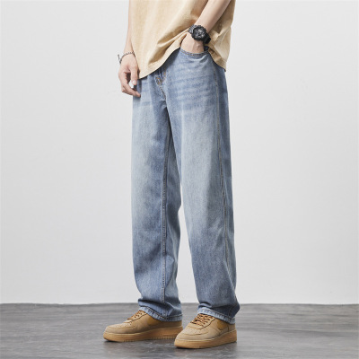 潮牌牛仔长裤男美式复古渐变水洗裤男士宽松阔腿直筒裤工厂直供