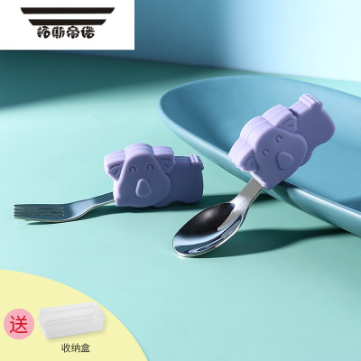 拓斯帝诺宝宝学吃饭勺子短柄婴儿童不锈钢把餐具卡通小宝宝辅食碗训练小狗直款紫色送收纳盒