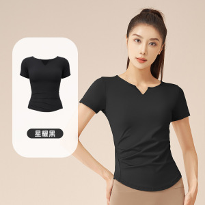 速干V领短袖裸感健身褶皱T恤百搭运动上衣跑步瑜伽短袖女