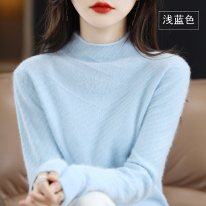 秋冬新款貂绒衫女半高领宽松套头纯色套头羊毛打底毛衣针织衫
