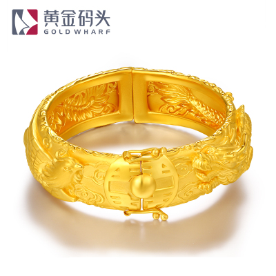 黄金码头3D硬金足金999龙凤双喜手镯结婚婚礼新娘黄金镯子19克