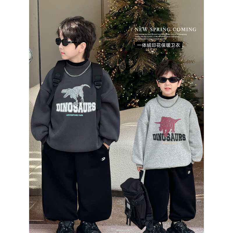 童酷儿童冬装湖州织里童装恐龙字母印花半高领加绒男童卫衣潮