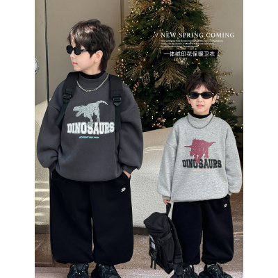 童酷儿童冬装湖州织里童装恐龙字母印花半高领加绒男童卫衣潮