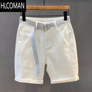 HLCOMAN美式休闲白色牛仔短裤男潮牌宽松直筒五分裤男士2024夏季薄款中裤