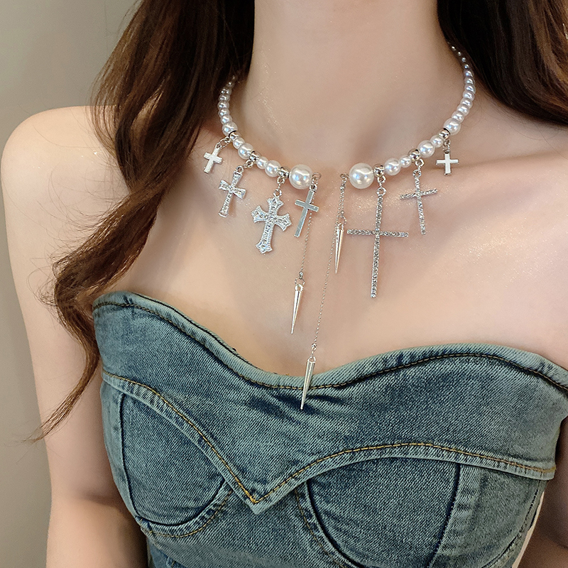 轻奢精致珍珠流苏项圈镶钻十字架项链choker小众高级感锁骨链配饰送女朋友老婆情人节七夕生日礼物