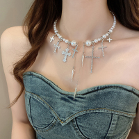 轻奢精致珍珠流苏项圈镶钻十字架项链choker小众高级感锁骨链配饰送女朋友老婆情人节七夕生日礼物