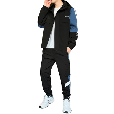 吉普战车JIPUZHANCHE春秋新款男士休闲运动套装连帽套头大码男装中青年男士夹克外套长袖衣服束脚工装休闲裤男士长裤