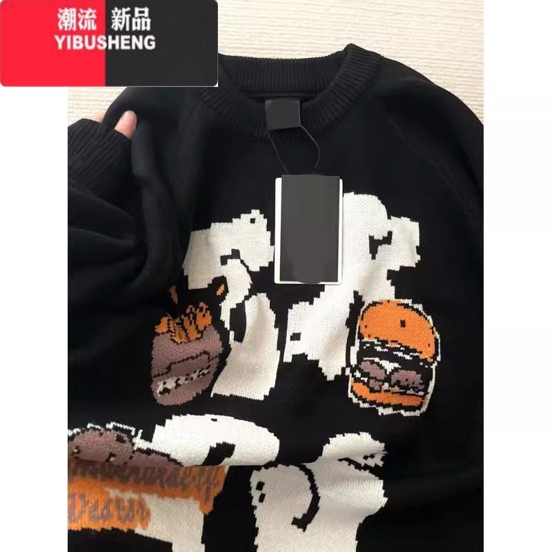yibusheng字母印花圆领黑色毛衣女慵懒美式高级感宽松针织外穿外套