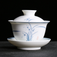 MULTIPOTENT功夫茶具三才盖碗手绘青花兰花薄胎瓷泡茶碗