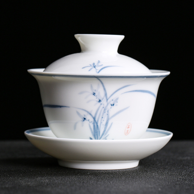 MULTIPOTENT功夫茶具三才盖碗手绘青花兰花薄胎瓷泡茶碗