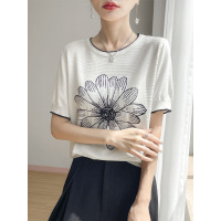 太阳花冰丝针织衫夏季新款T恤女款白色减龄气质显瘦上衣圆领背心