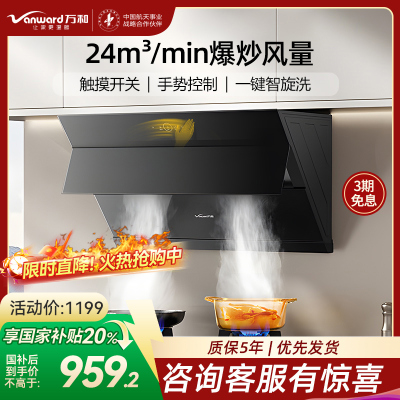 万和[小双翼DJ738 Pro·双腔大吸力]侧吸抽排油烟机24大风量爆炒自清洗一级能效手势控制智旋洗