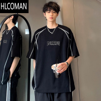HLCOMAN辑明线短袖t恤男夏季潮牌美式字母衣服宽松潮流百搭半袖体恤