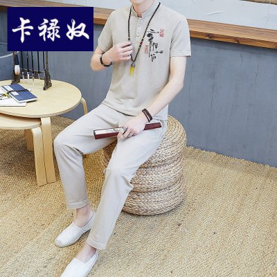 卡禄奴中国风夏季莫代尔棉麻民族中国风套装葫芦醉刺绣立领2021透气中山男