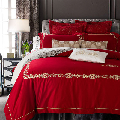 全棉贡缎床上新婚庆四件套纯棉1.8m2.0m床上用品结婚六件套被套红