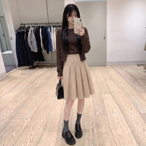 秋冬a字百褶裙灰色短裙半身裙女2026新款小个子学院高腰毛呢半裙