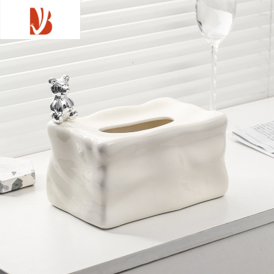 三维工匠冰川陶瓷纸巾盒轻奢家用客厅摆件银色桌面茶几装饰品创意抽纸盒 冰川纸巾盒-奶白+小熊