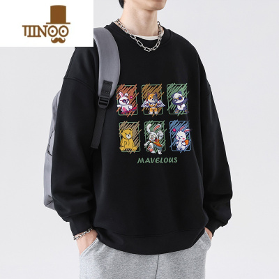 YANXU圆领卫衣男款卡通印花小众设计感潮牌ins宽松黑色休闲衣服