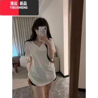 YIBUSHENGV领白色正肩短袖t恤女2024季宽松大领口慵懒风百搭休闲上衣